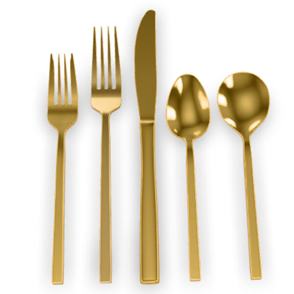 Elegant gold flatware set for weddings, featuring polished knives, forks, spoons, and dessert utensils arranged on a beautifully set table. Perfect for wedding receptions and events, offering a luxurious and sophisticated touch to your table decor.