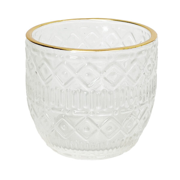 Gold Rim Clear Votive rental for weddings, adding a soft glow and elegant touch to centerpieces and decor accents.