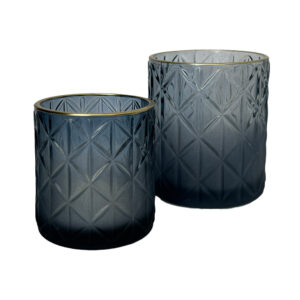 Gold Rim Navy Votive rental for weddings, adding a sophisticated glow and elegant touch to centerpieces and decor.