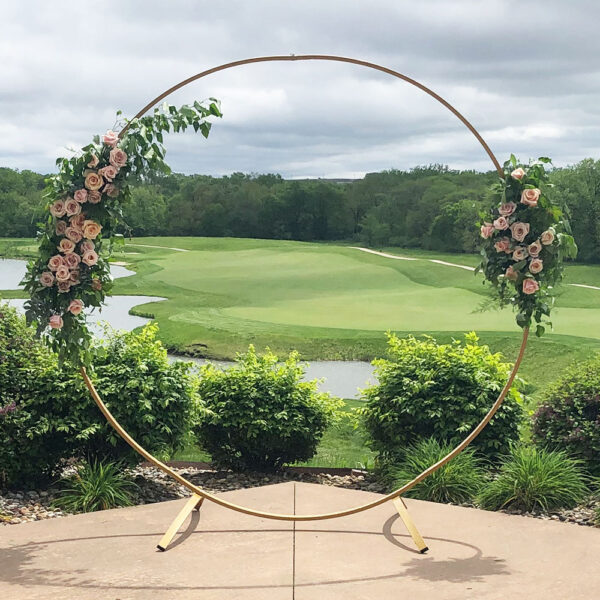 Gold metal circular arch rental for weddings, featuring a sleek round frame perfect for ceremonies, photo backdrops, and adding a modern, elegant touch.