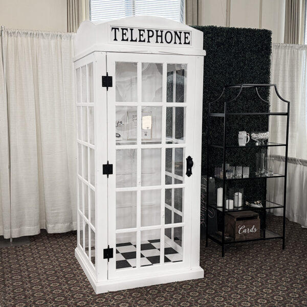 White British-style phone booth rental for weddings – perfect photo booth or audio guest book backdrop with no assembly required, elegant event decor.